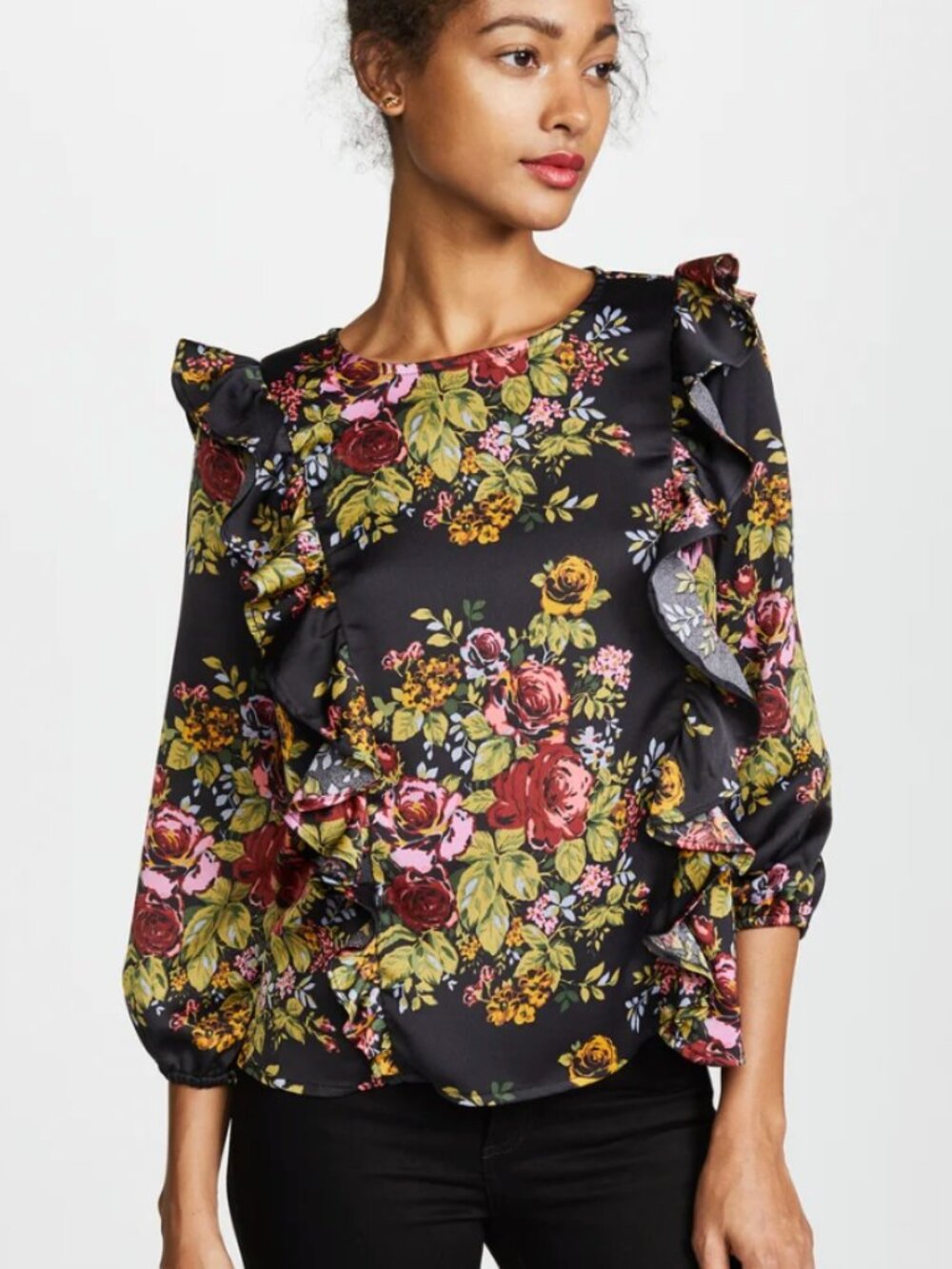Likely Revolve Black Floral Ruffle Blouse Size Large Romantic Statement Top
